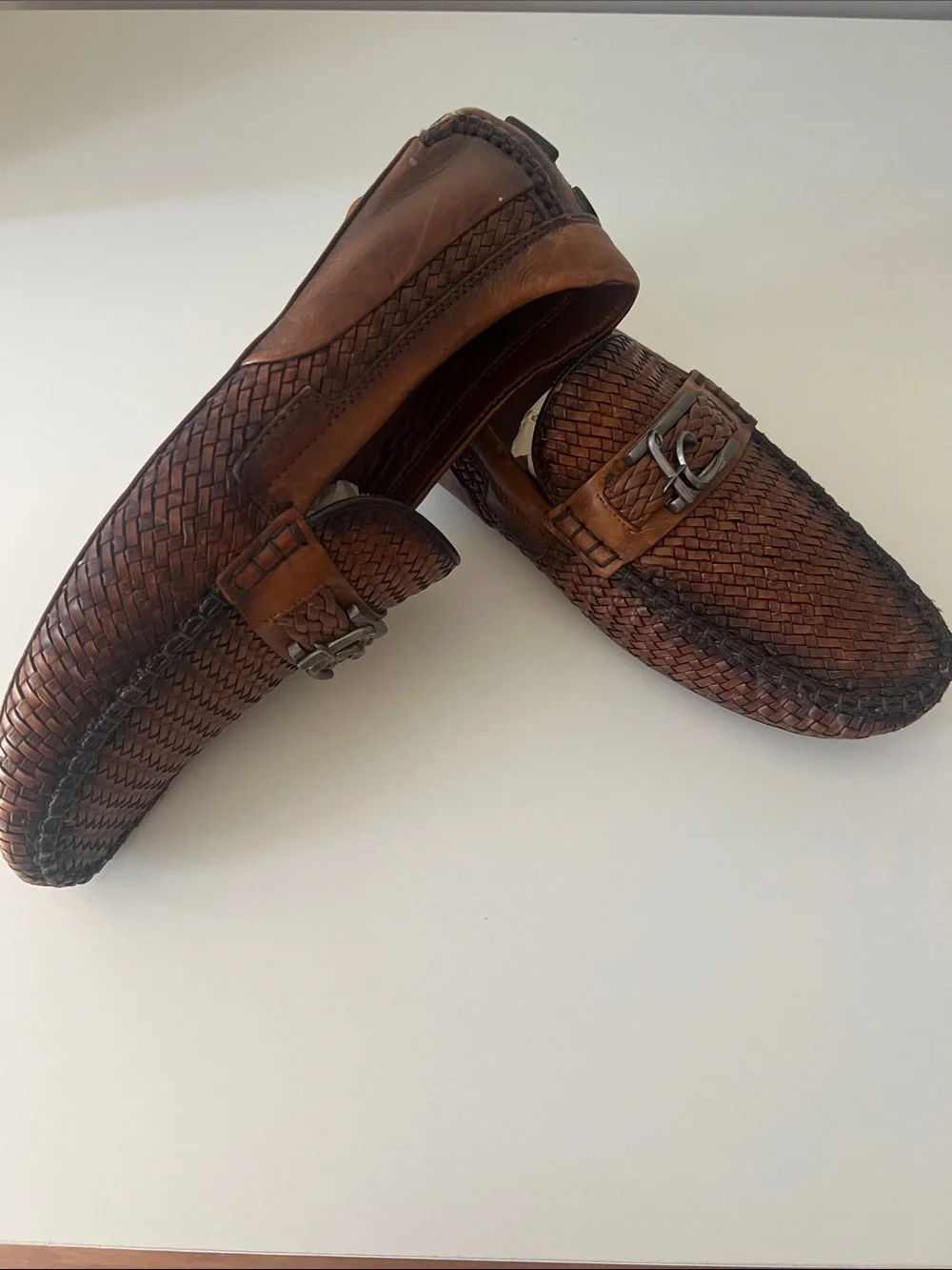 Men's Woven Leather Slip-On Loafers in Brown with Silver Accent